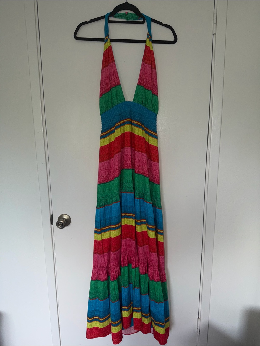 Alice + Olivia Rainbow Stripe Halter Maxi Dress Smocked Waist Size 6 - Picture 2 of 10